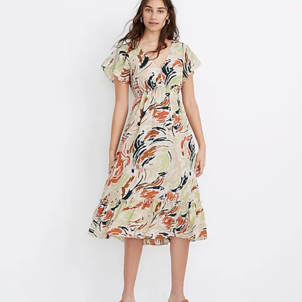 (Available til 3/31) Madewell Flutter-Sleeve Ruffle-Waist Midi Dress